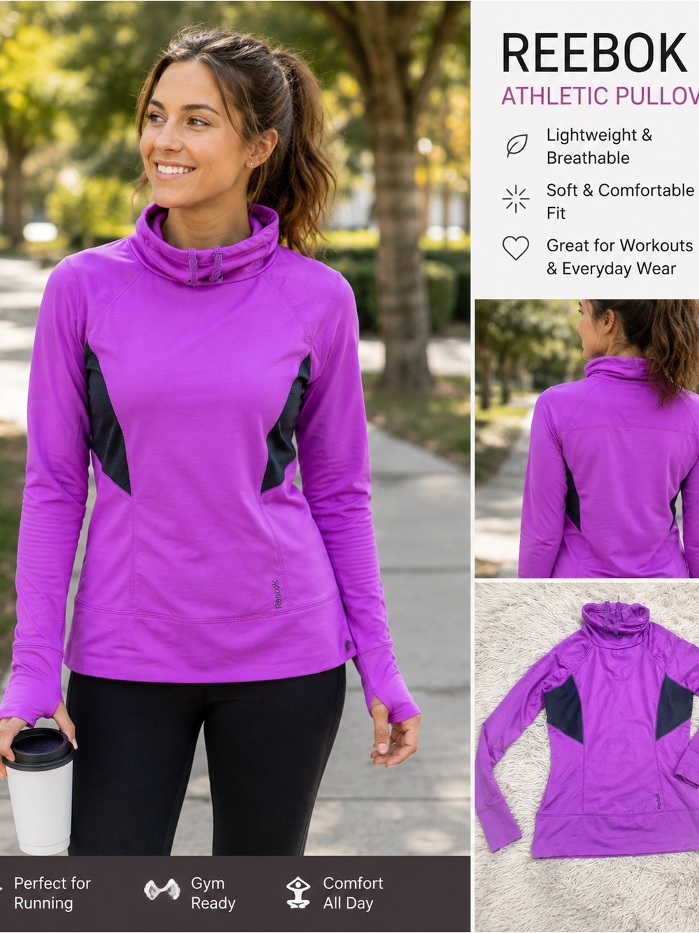 Reebok Women’s Thermal Long Sleeve Hoodie Purple XS Drawstring Athletic